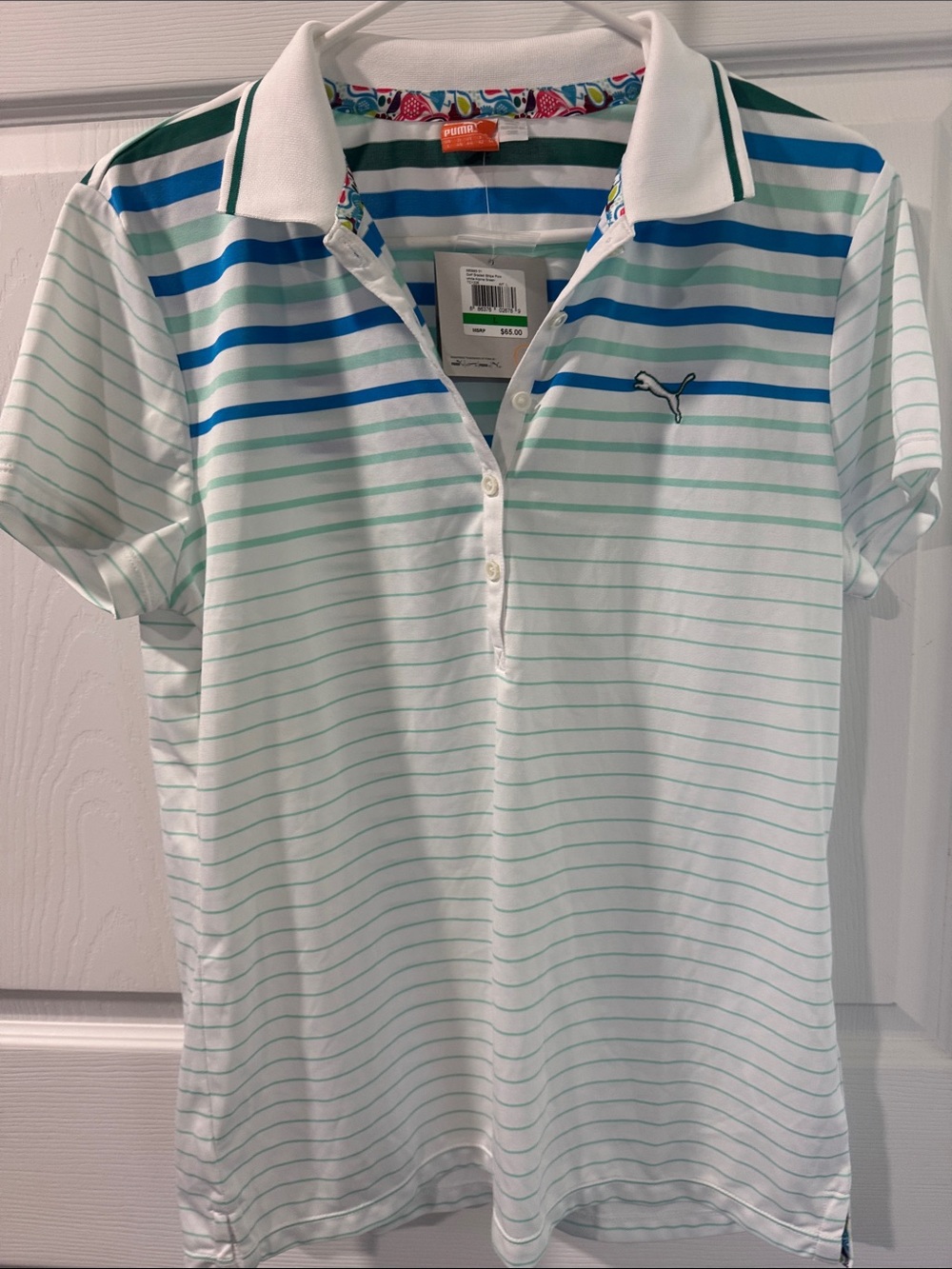 Puma White Polo with Blue & Teal Stripes